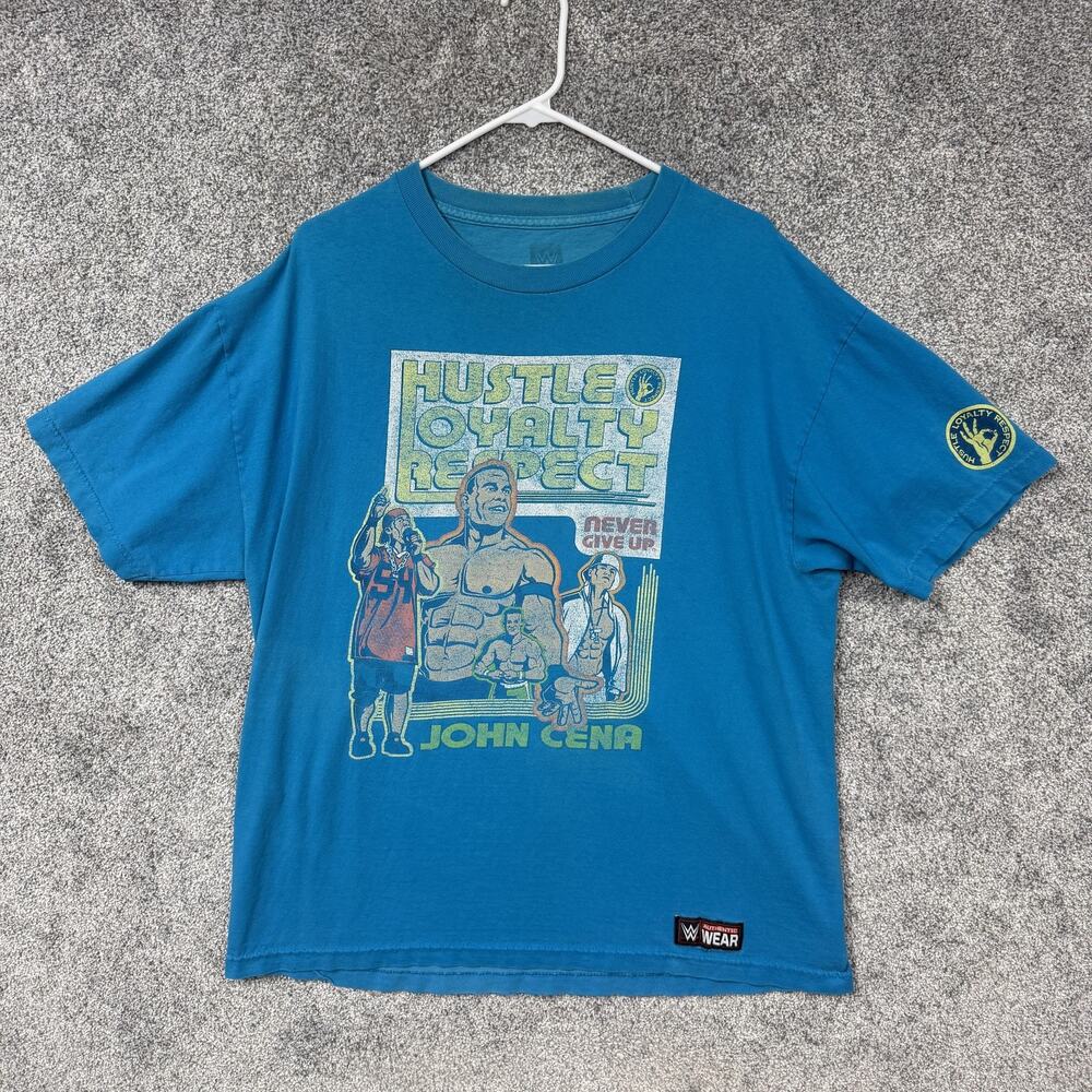 Vintage Y2K WWE John Cena T-Shirt Mens XL Blue Hustle Loyalty Respect Wrestling